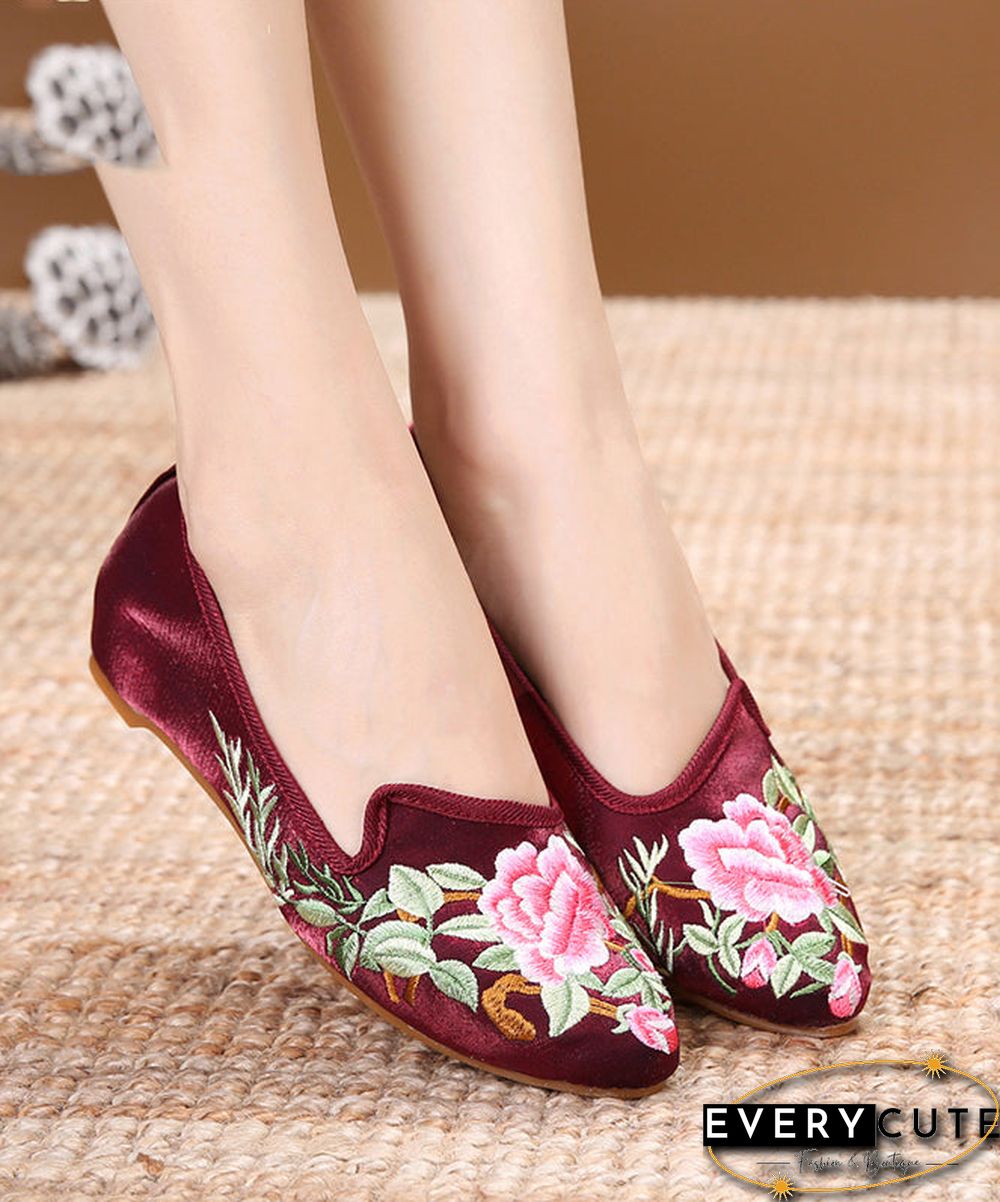 Purple Red Flats Velour Fabric Unique Embroideried Pointed Toe Flat Shoes