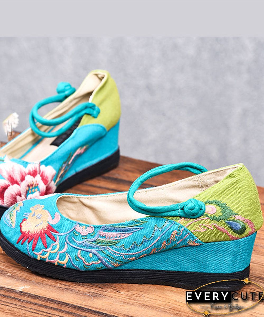 Blue High Wedge Heels Shoes Wedge Cotton Fabric Handmade Embroideried Patchwork Buckle Strap High Wedge Heels Shoes