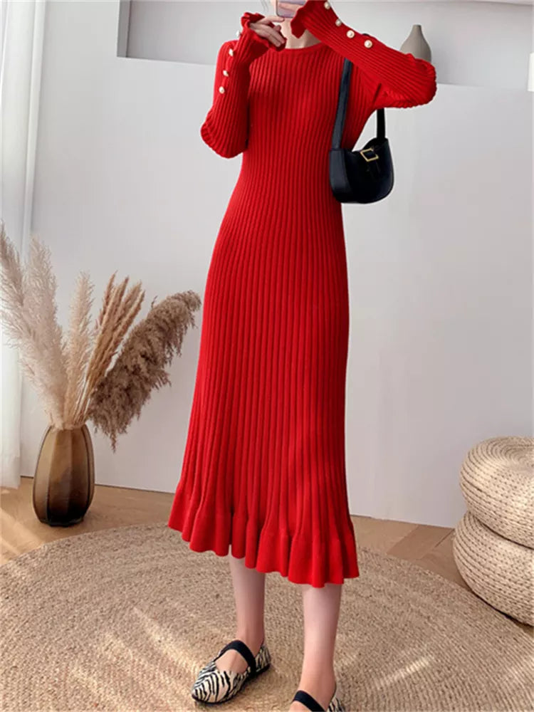 Fashion Sexy Elegant Knit Sweater Dress Slim Flared Midi Dress