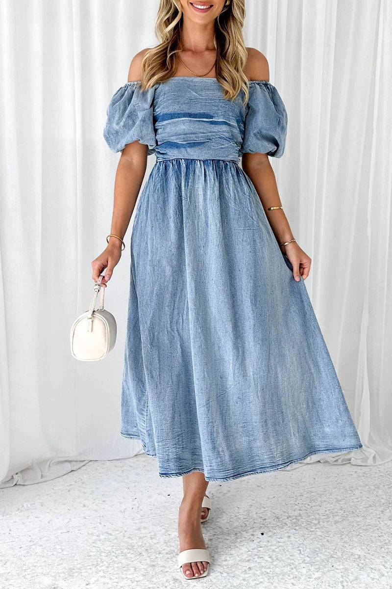 Elegant Solid Fold Off the Shoulder Short Sleeve Denim Dresses