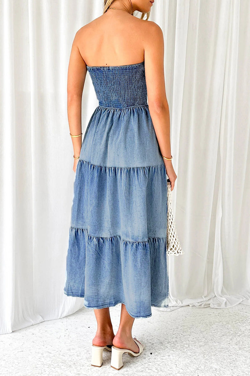 Gradual Change Pocket Slit Strapless Sleeveless Denim Dresses