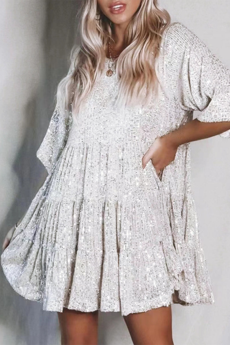 Casual Solid Sequins Sequined O Neck A Line Dresses