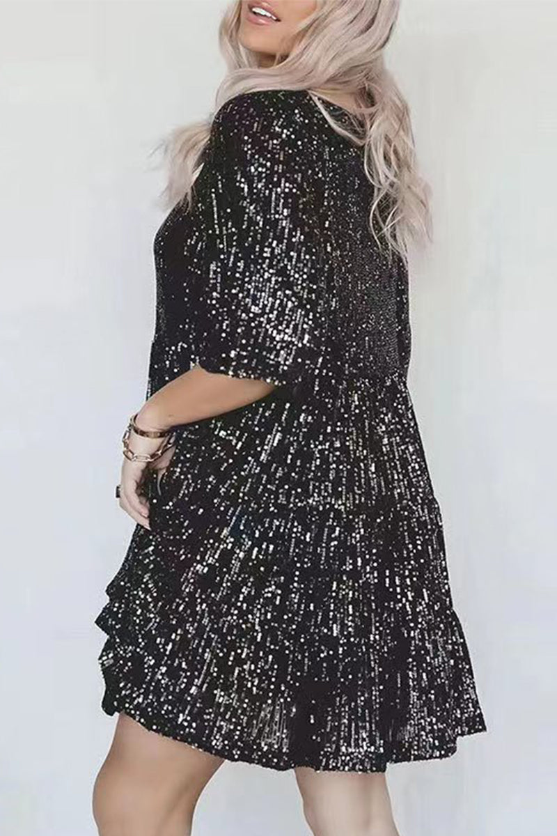 Casual Solid Sequins Sequined O Neck A Line Dresses