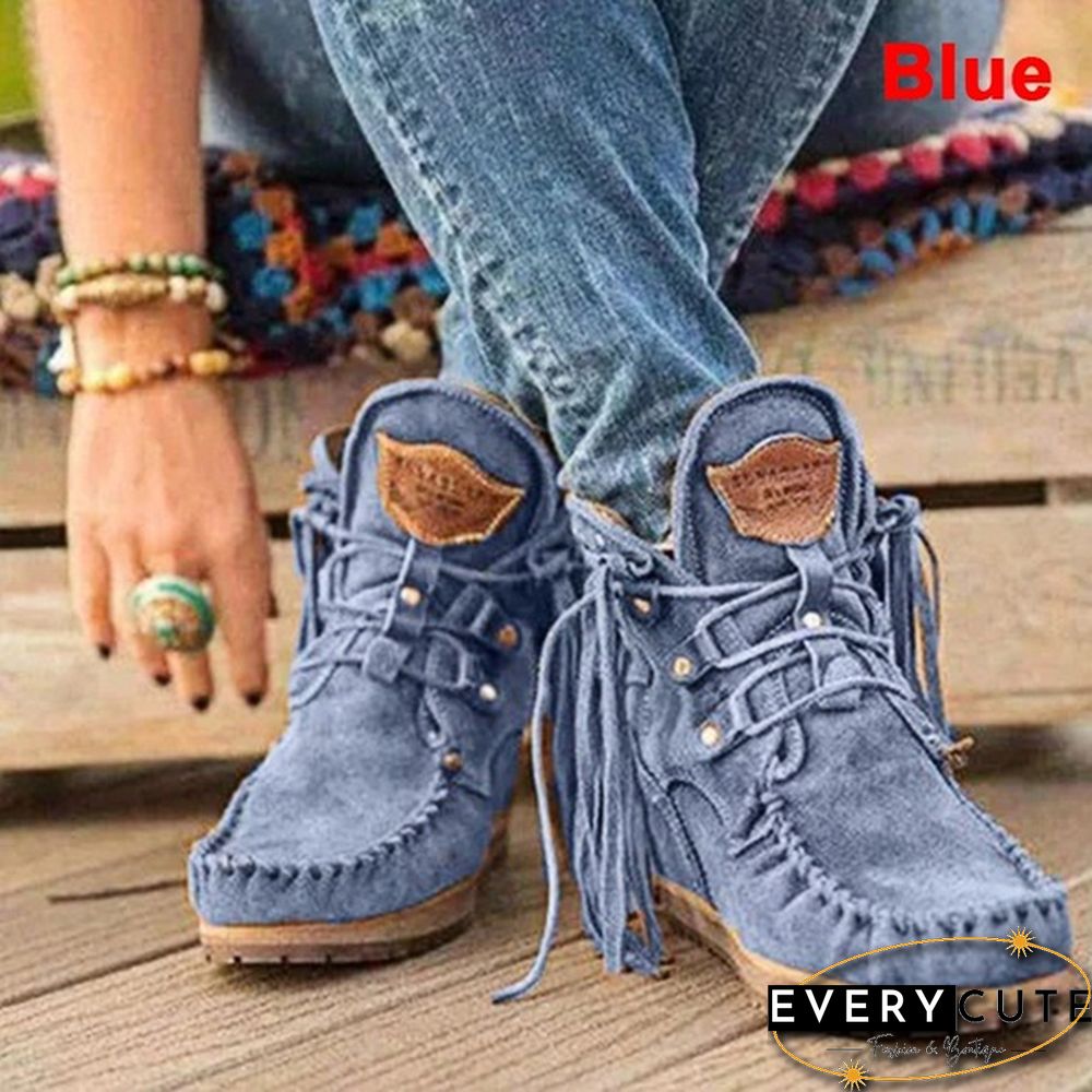 NEW Women Ankle Boots Retro Medieval Suede Faux Leather Tassel Round Toe Mid-Century Suede Faux Leather Casual Shoes