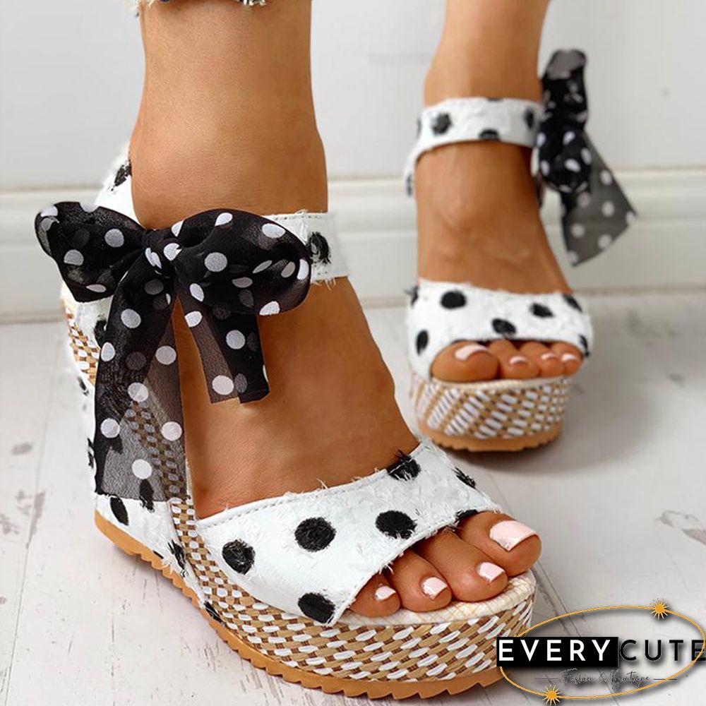 Women Sandals Dot Bowknot Design Platform Wedge Female Casual High Increas Shoes Ladies Fashion Ankle Strap Open Toe Sandals