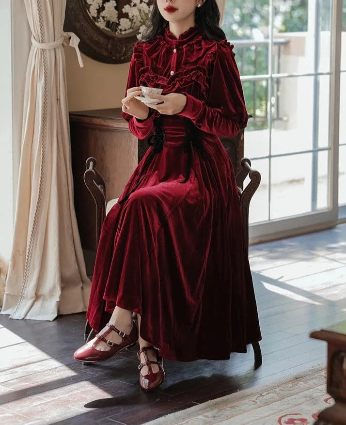 Ruby Victorian-Vintage-Academia Burgundy-Red Velvet Dress