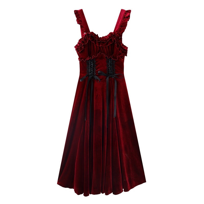 Ruby Victorian-Vintage-Academia Burgundy-Red Velvet Dress