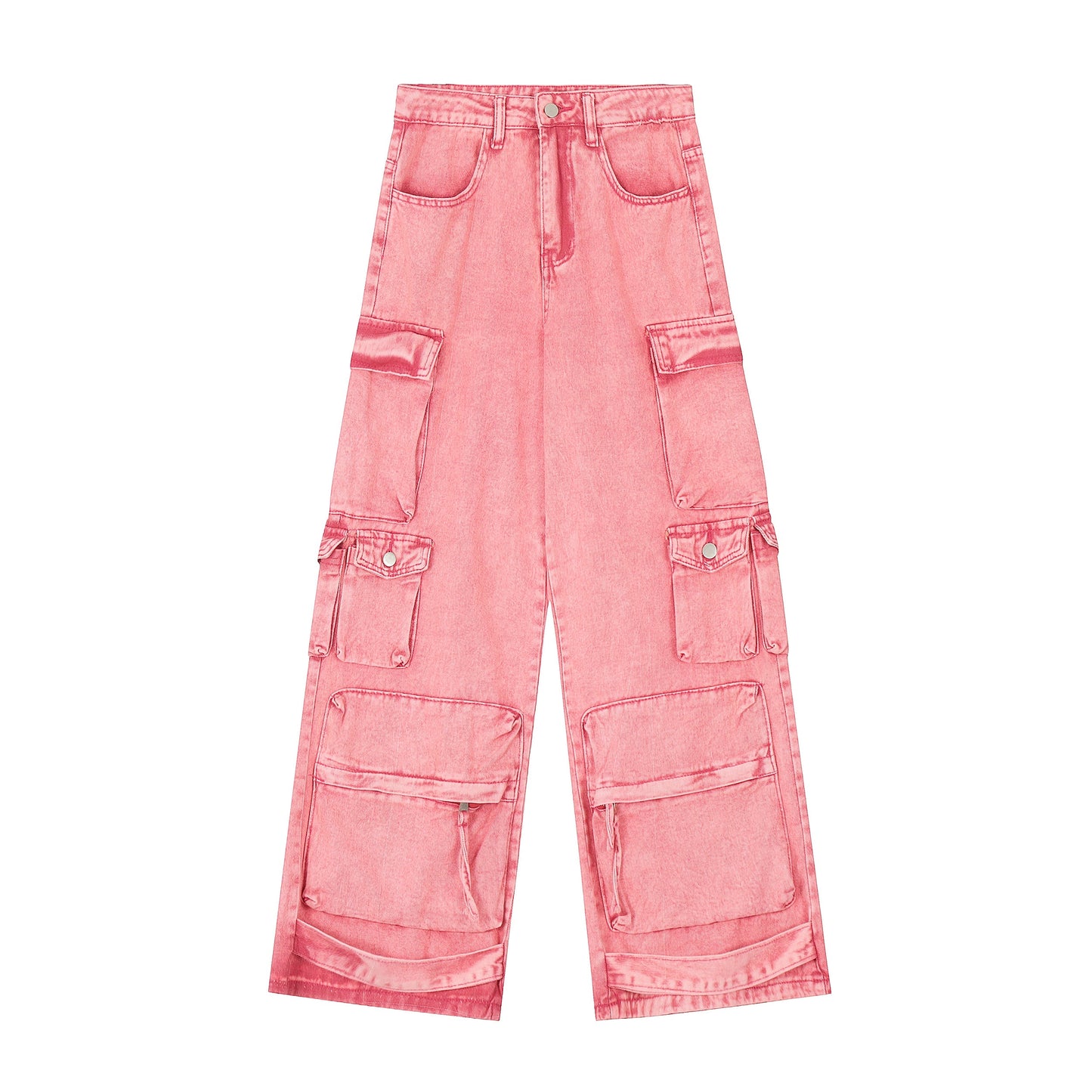 Barbie Pink Denim Multipocketed High Waist Straight Leg Jeans Cargo Pants