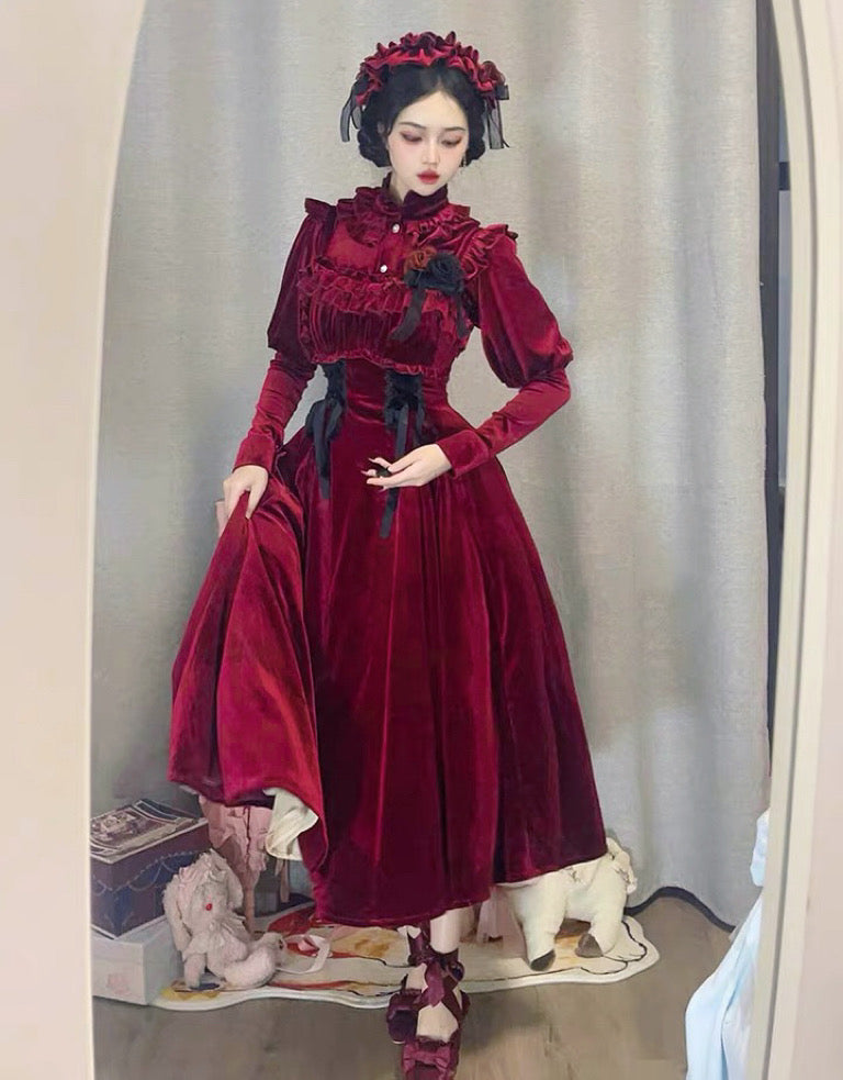 Ruby Victorian-Vintage-Academia Burgundy-Red Velvet Dress