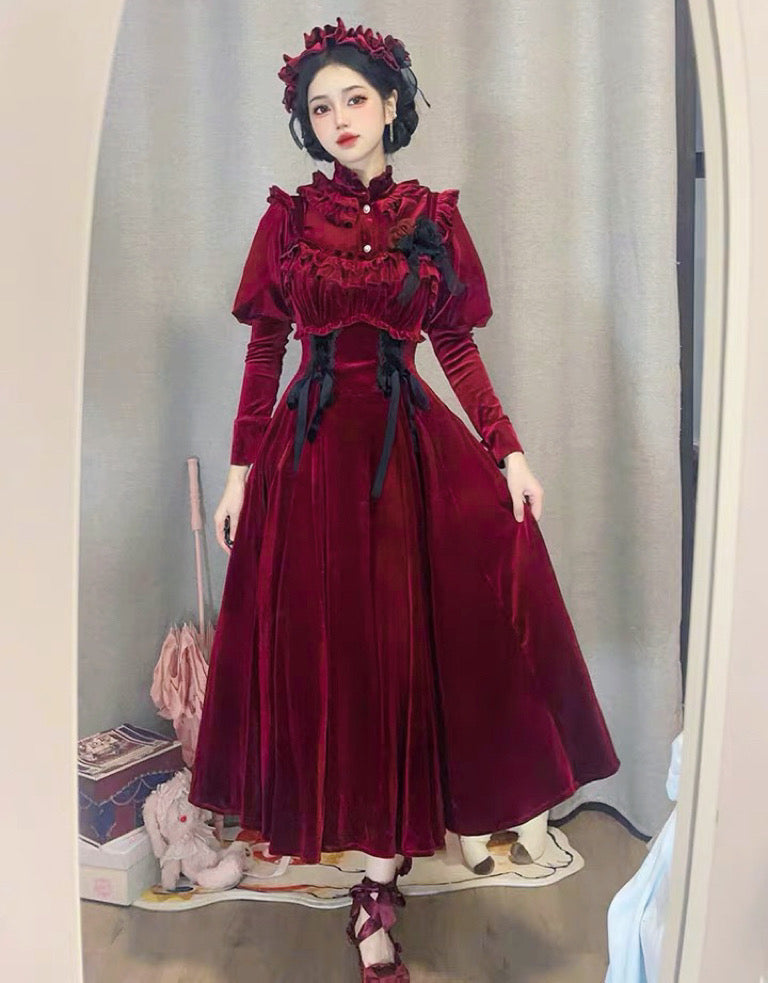 Ruby Victorian-Vintage-Academia Burgundy-Red Velvet Dress