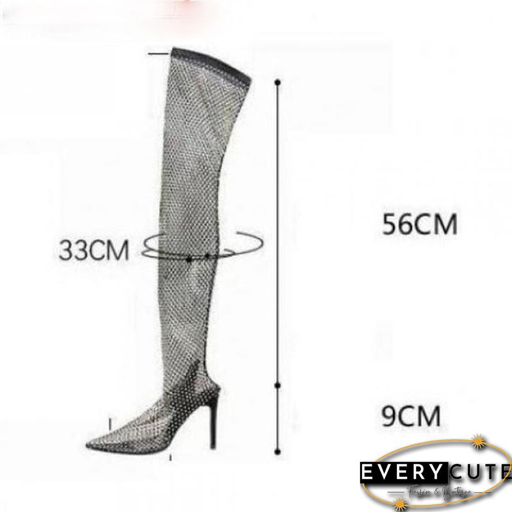 Hot Nightclub Rhinestone Bling Summer Sunscreen Breathable Pointed Toe Super High Heels Modern Over-The-Knee Boots Mesh