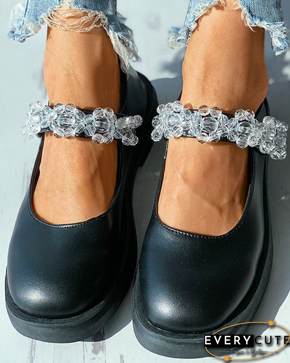 Studded Decor Strap Mary Jane Flats