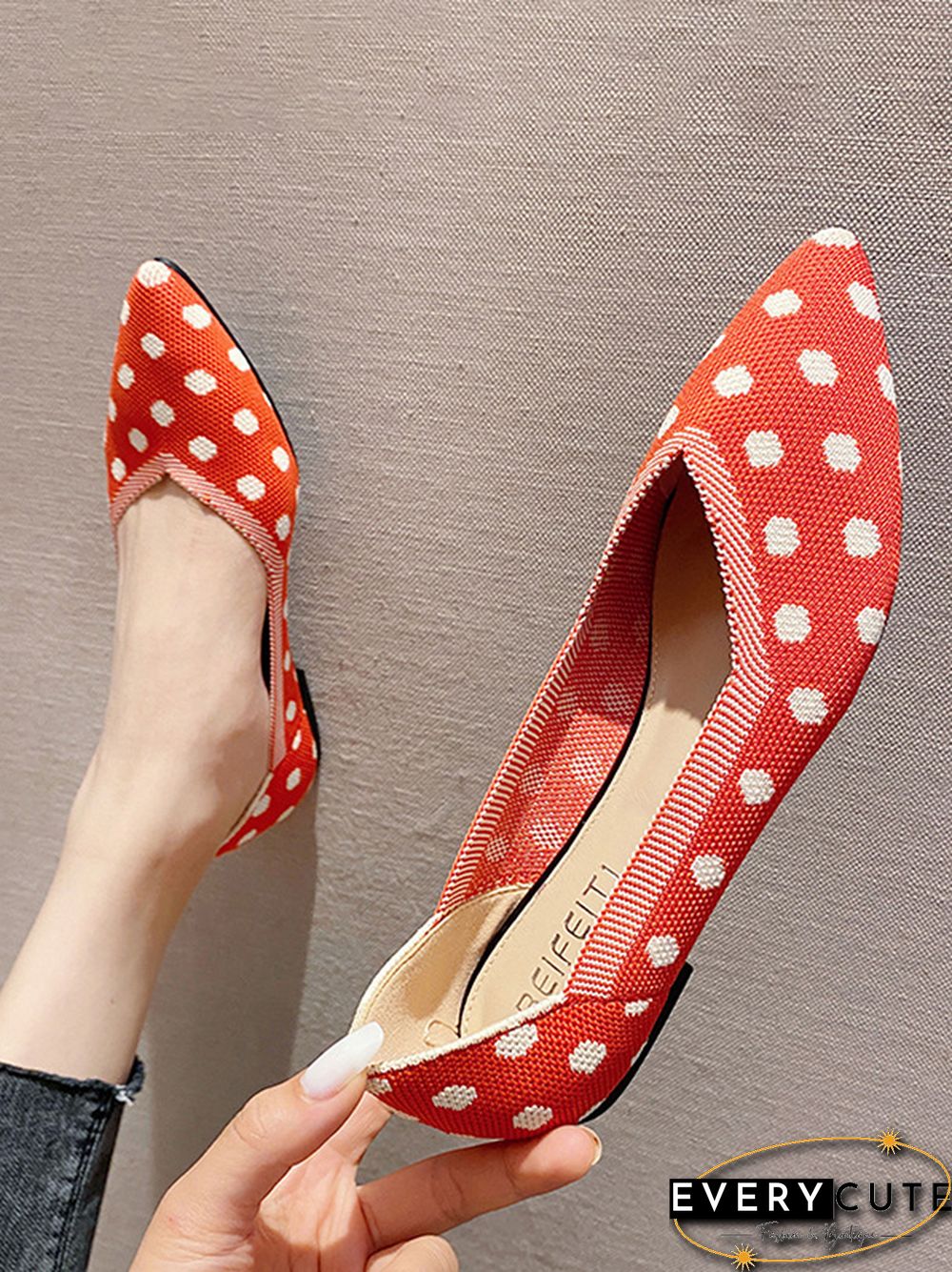 Contrast Color Pointed-Toe Polka-Dot V-Cut Low Heels Flat Shoes