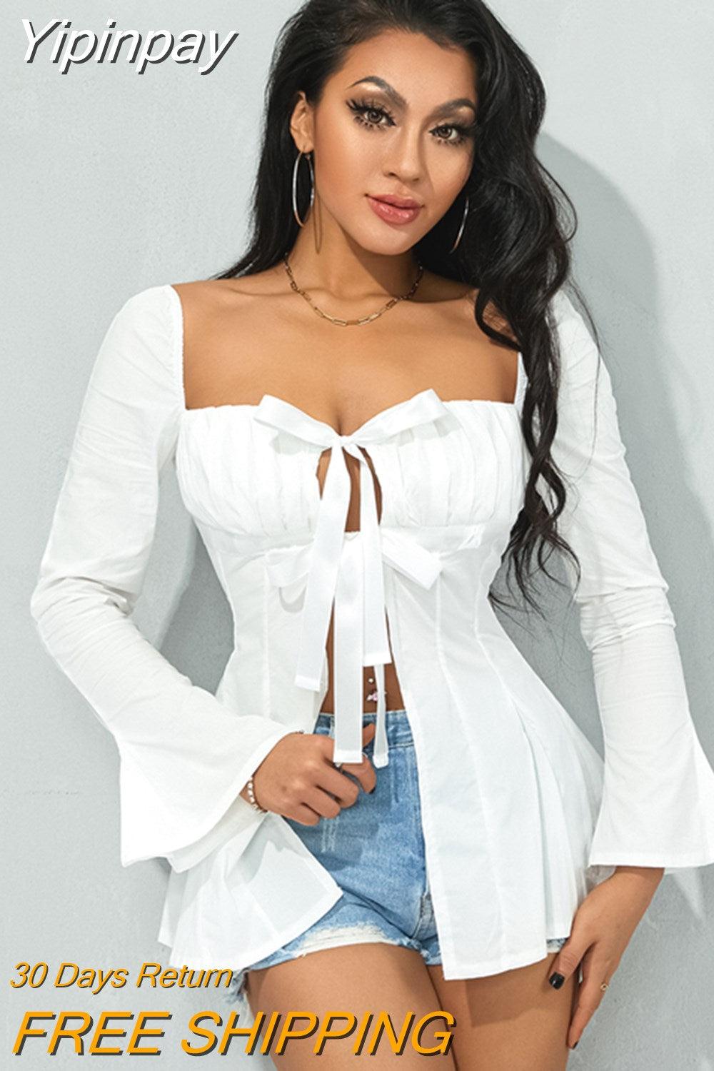 WARMMETA Chic White Shirts for Women Flare Long Sleeves Pleated Square Neck Bow Knotted Dress Tops Casual Elegant Blouses