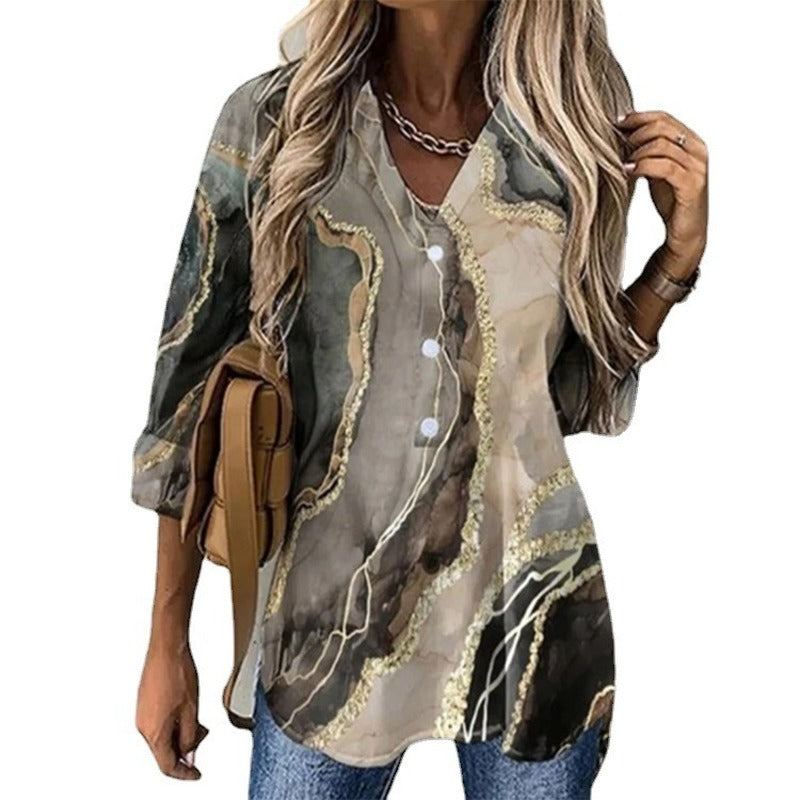 Fashion Sexy V-Neck Printed Single Breasted Casual Loose Blouses