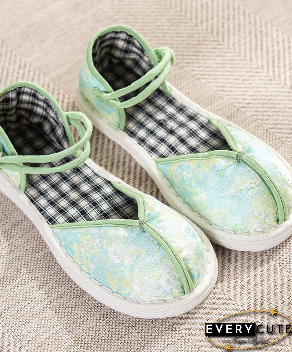 Green Flat Shoes For Women Cotton Fabric Splicing Buckle Strap Embroidery