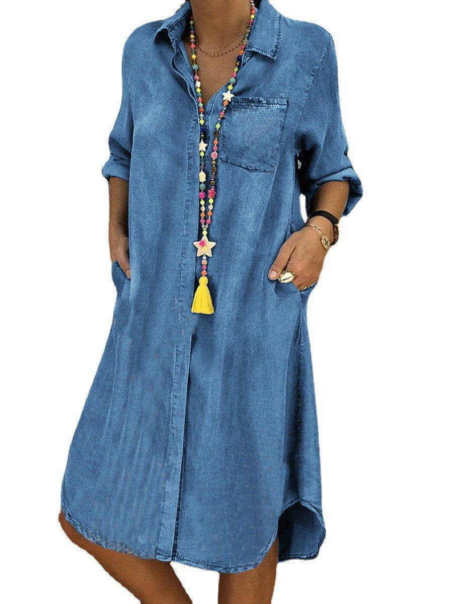 Fashion Solid Color Lapel Long Sleeve Loose Denim Casual Dress