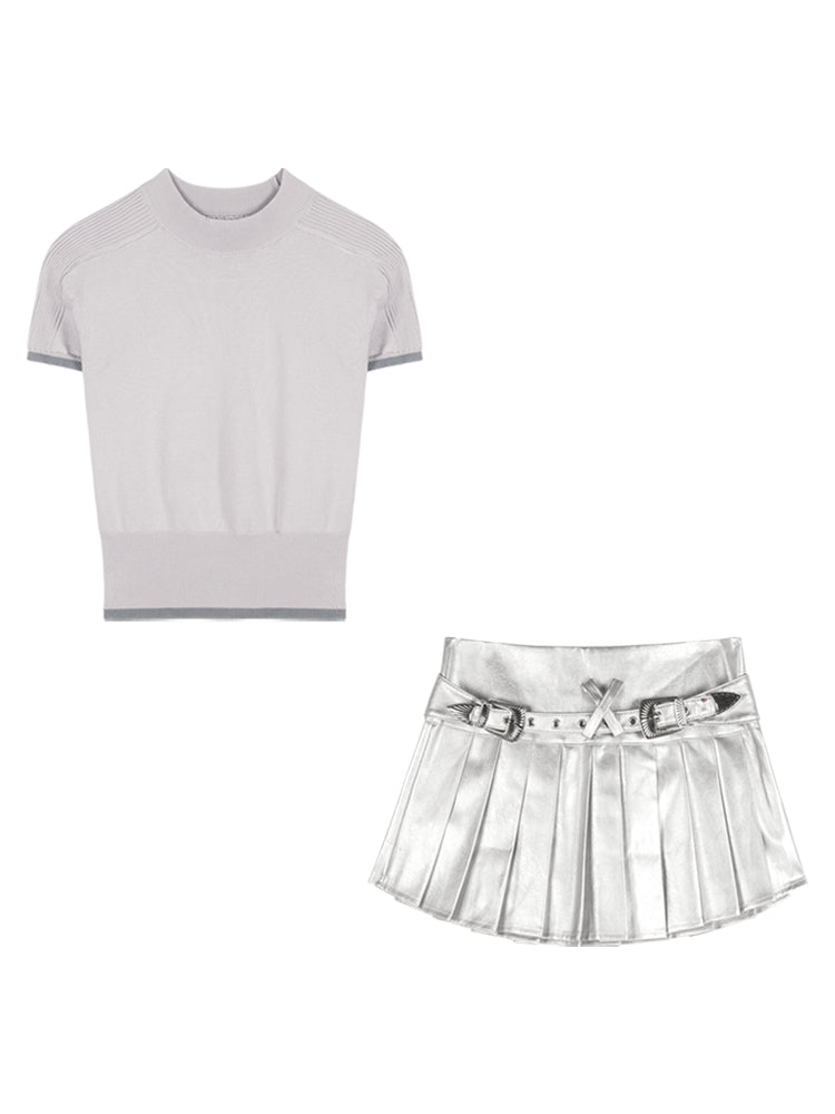 Mianna Solid Color Ribbed Turtleneck Slim Cropped Top + Solid Color Metallic Pleated Preppy Mini Skirt Set