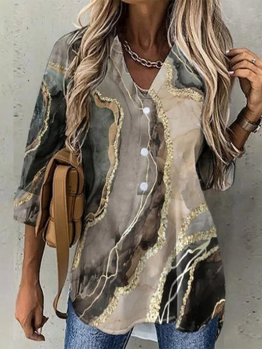 Fashion Sexy V-Neck Printed Single Breasted Casual Loose Blouses