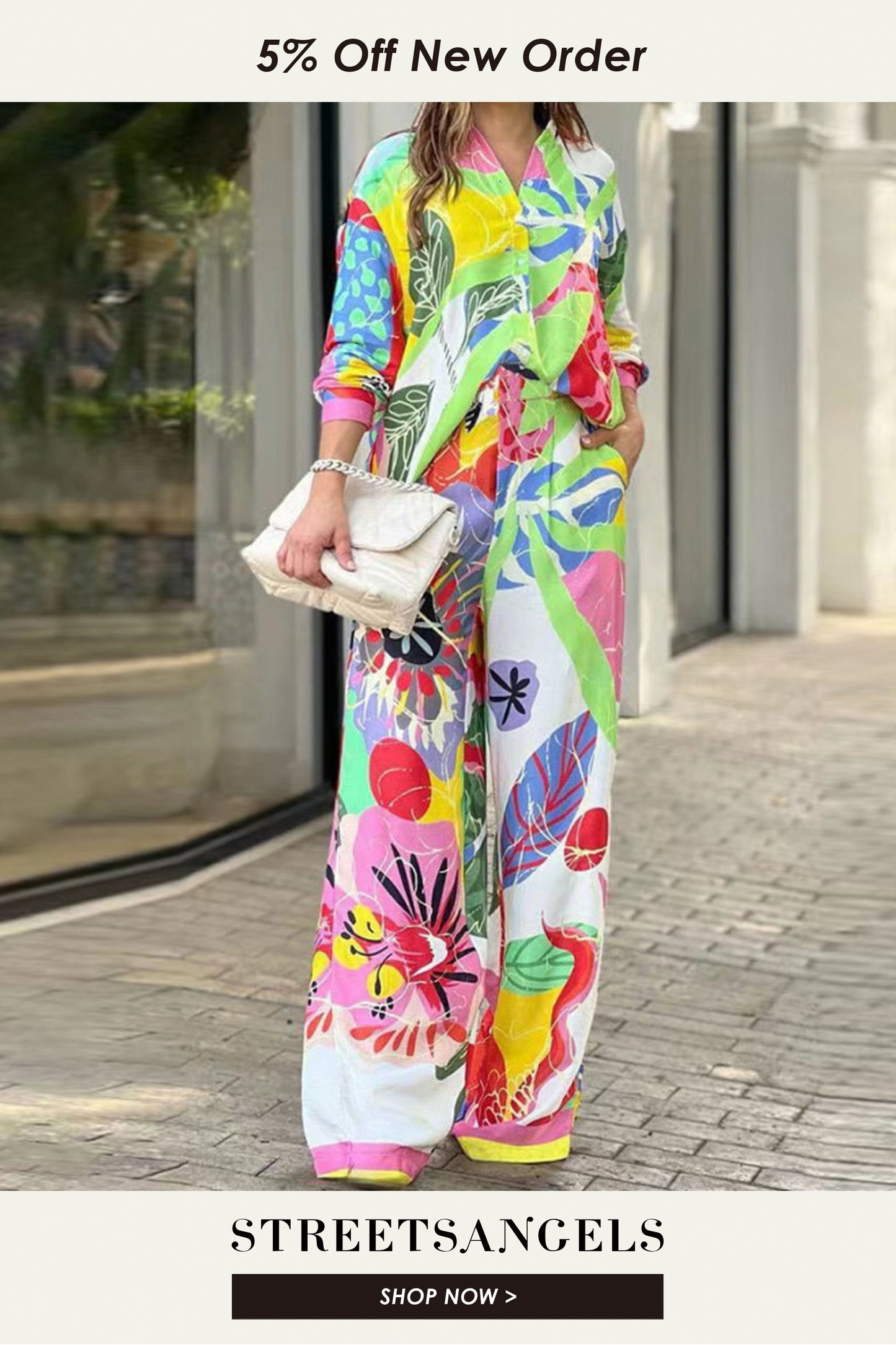 Loose Print Elegant Lapel Single Breasted Top Fashion Wide Leg Pants Two Pieces