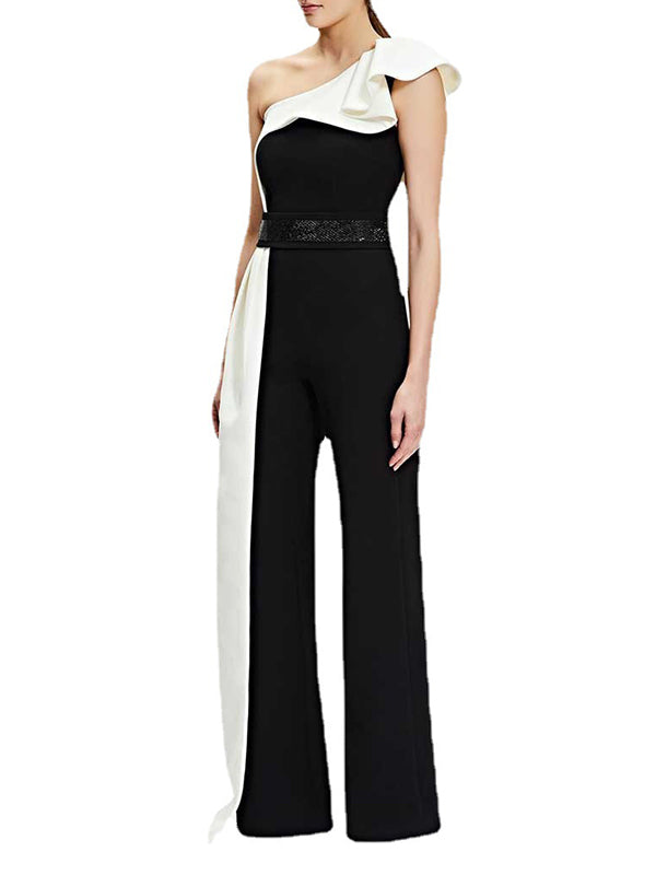 High Waisted Wide Leg Contrast Color Split-Joint One-Shoulder Jumpsuits