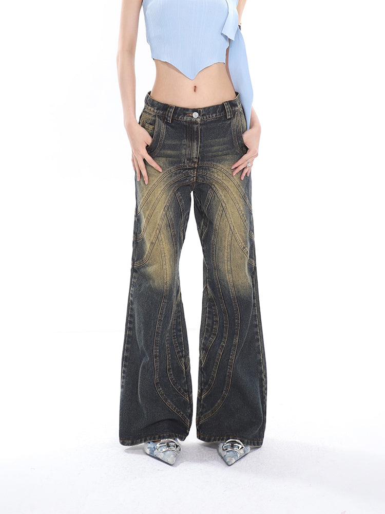 Sonio Denim Blue Washed Patchwork High Waist Straight Leg Jeans Pants