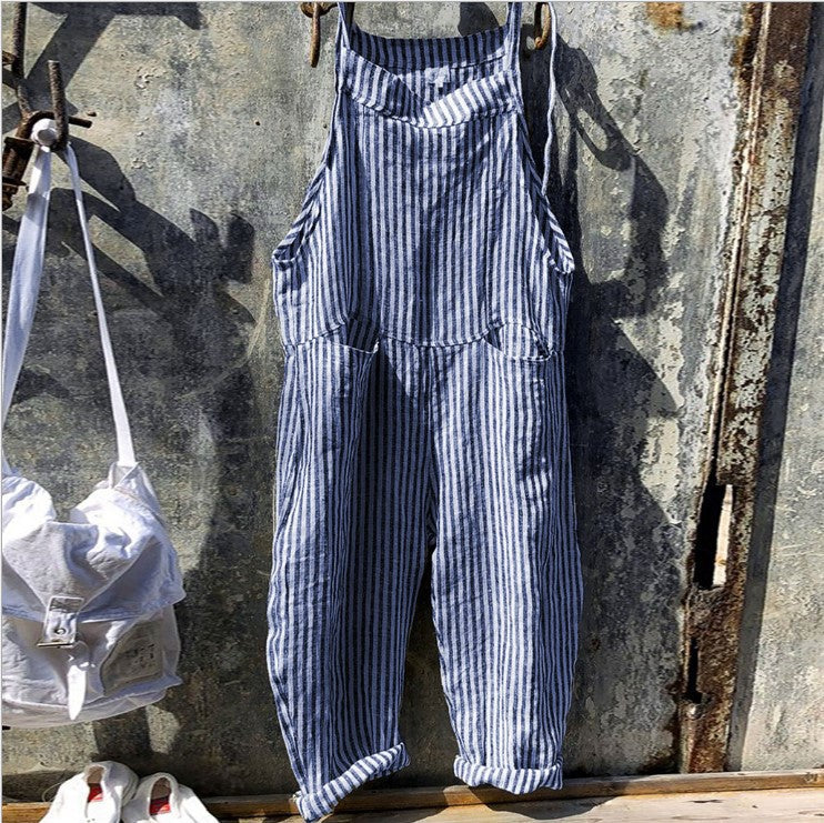 Ladies Casual Striped Sleeveless Loose Fashion Plaid Jumpsuit