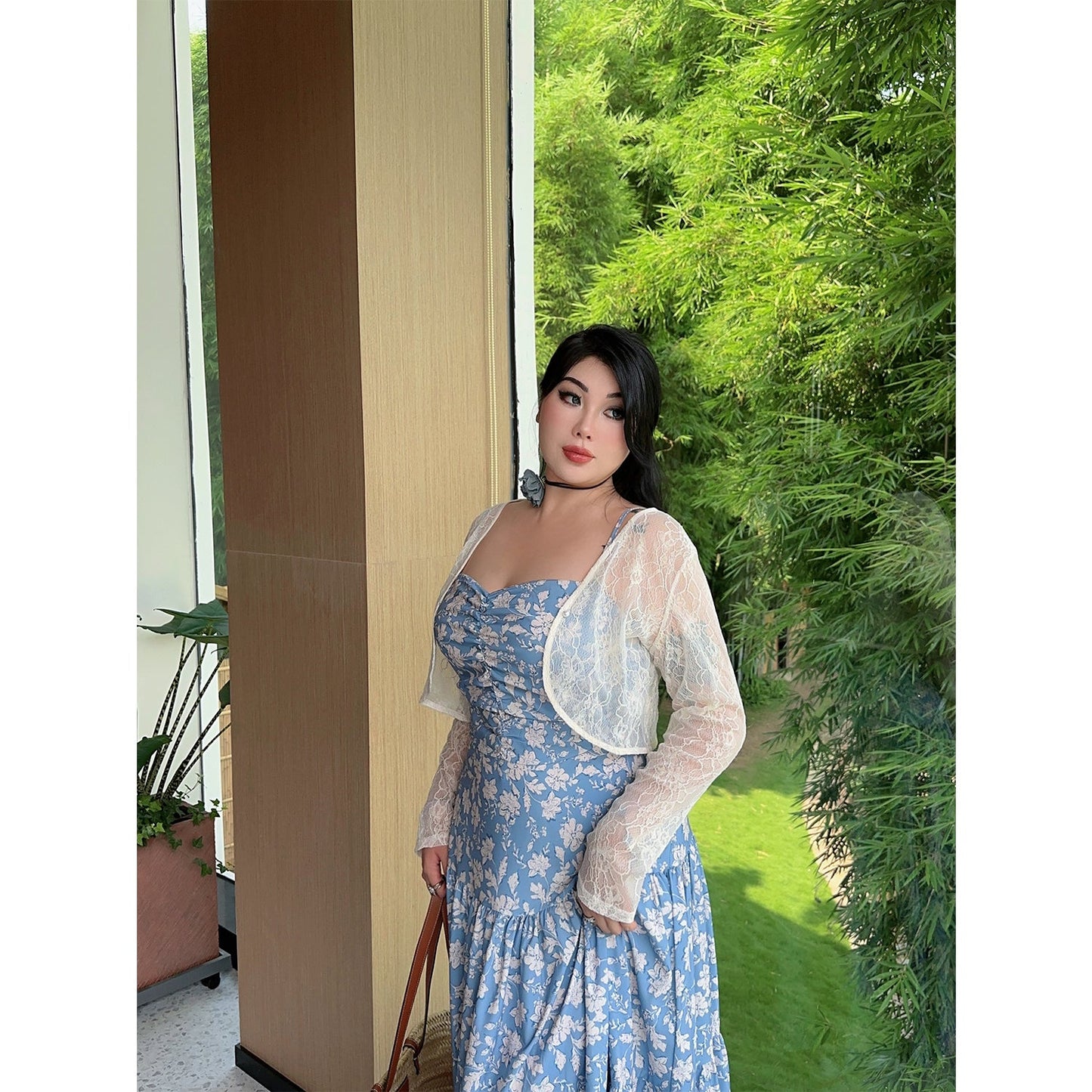 Naya Floral Blue Plus Size French Slip A-Line Long Maxi Dress + Long Sleeve Cardigan Set