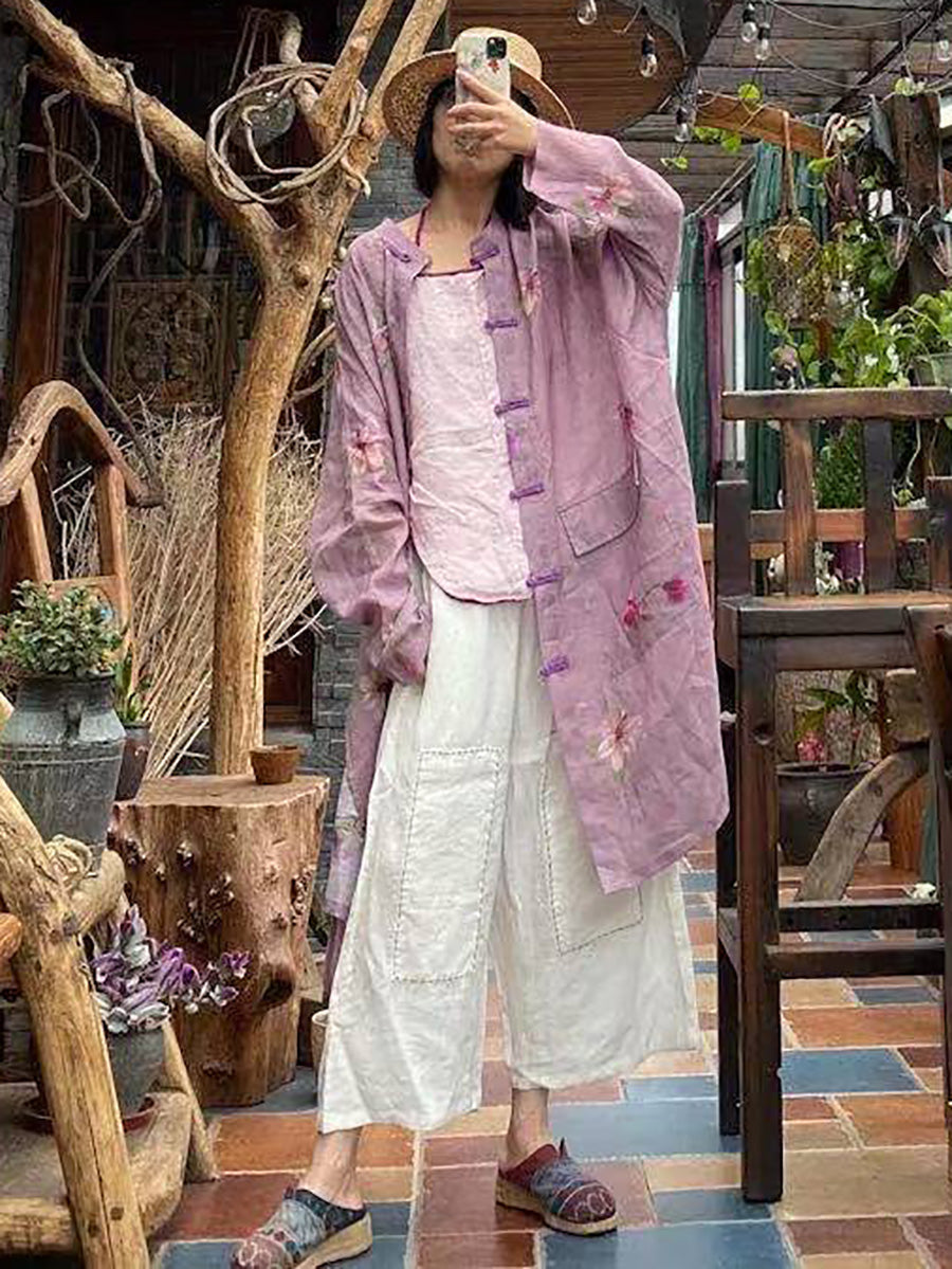 Women Summer Vintage Flower Button-up Ramie Shirt Coat FD008