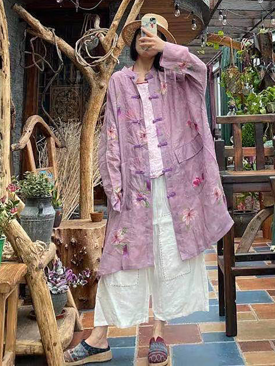 Women Summer Vintage Flower Button-up Ramie Shirt Coat FD008