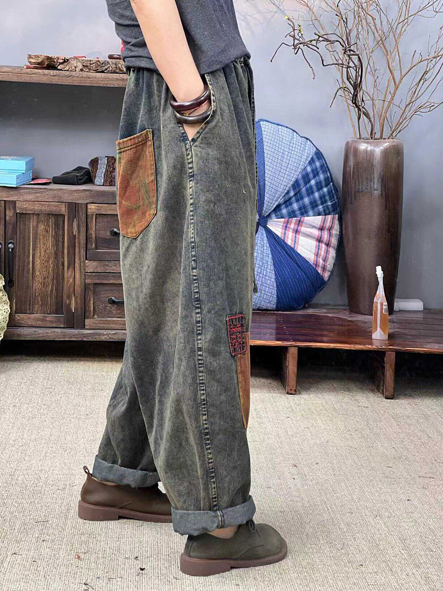 Women Summer Retro Patch Spliced Denim Harem Pants FD047