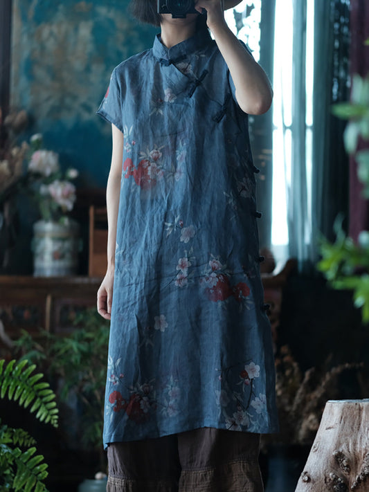 Women Summer Vintage Flower Robe Ramie Dress FD027