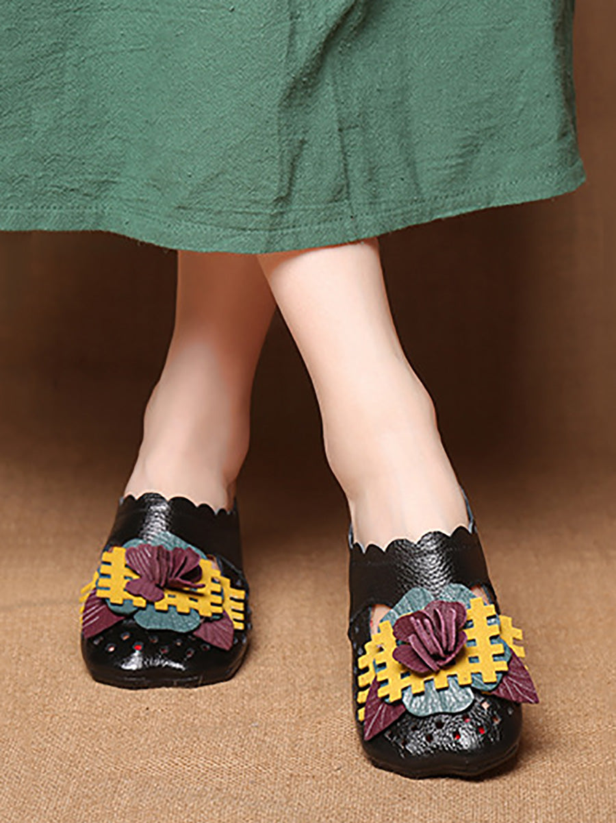 Women Summer Ethnic Leather Flower Spliced Low Heel Sandals FD014