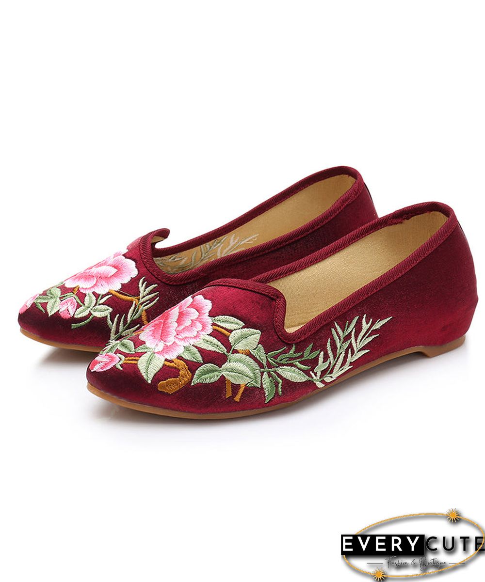 Purple Red Flats Velour Fabric Unique Embroideried Pointed Toe Flat Shoes