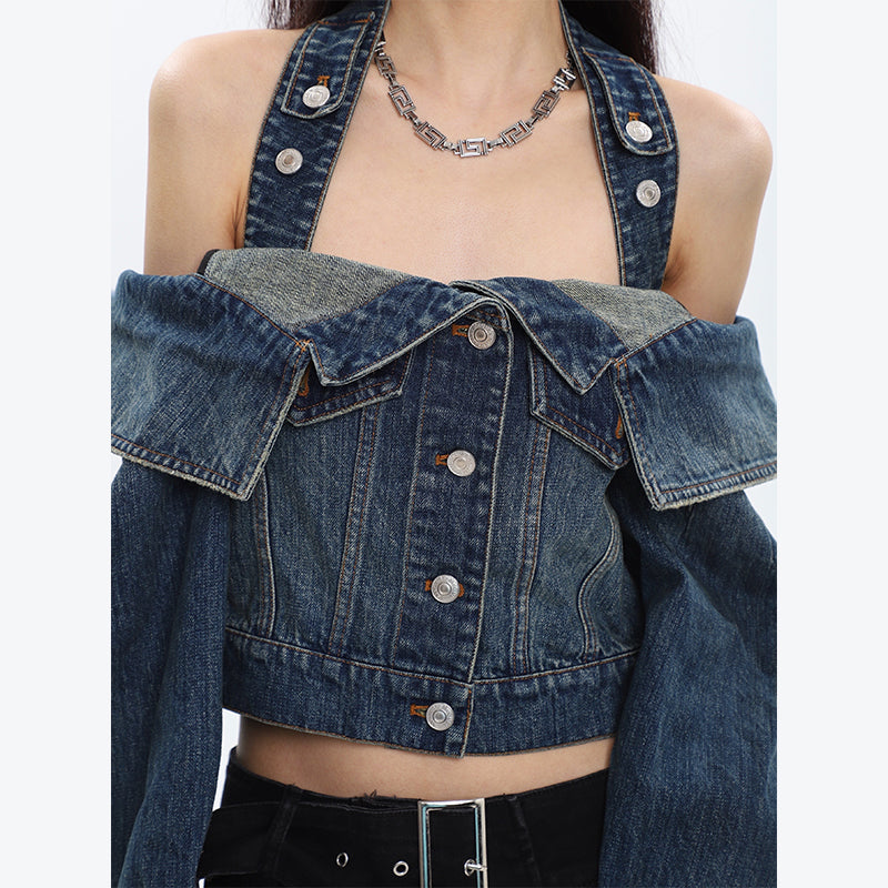 Seanna Denim Blue Spice Neck Off-the-Shoulder Halter Loose Cropped Jacket Top