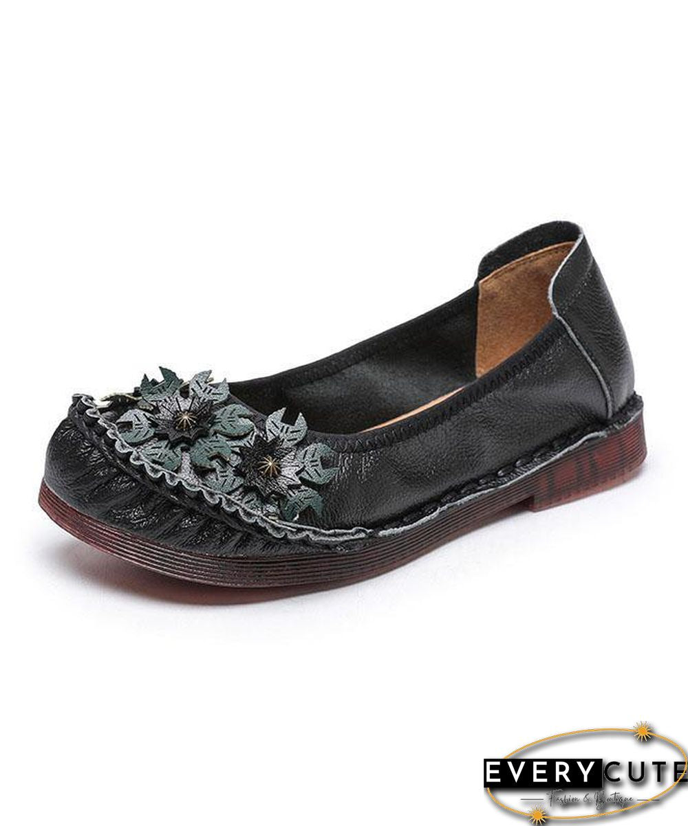 Black Floral Cowhide Leather Flats Splicing Flat Feet Shoes