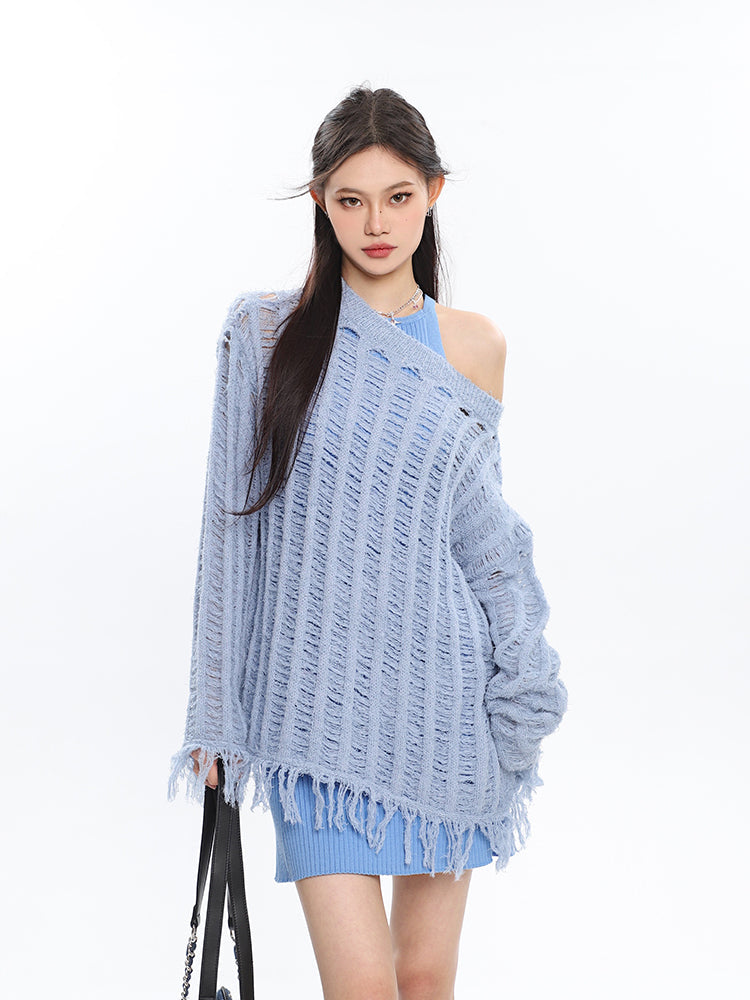 Christine Solid Color Knitted Distressed Turtleneck Cutout Long Sleeve Sweater Top