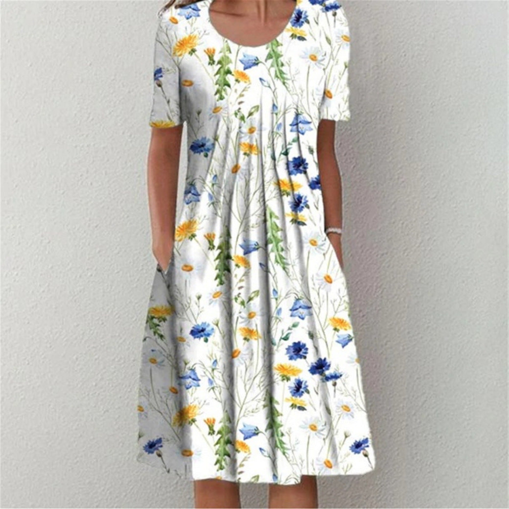 Fashion Round Neck Elegant Floral Pocket Street Casual Midi Dress