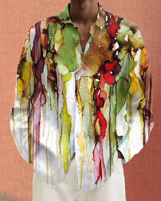 Men's Floral Oil Painting Long Sleeve Casual Shirt