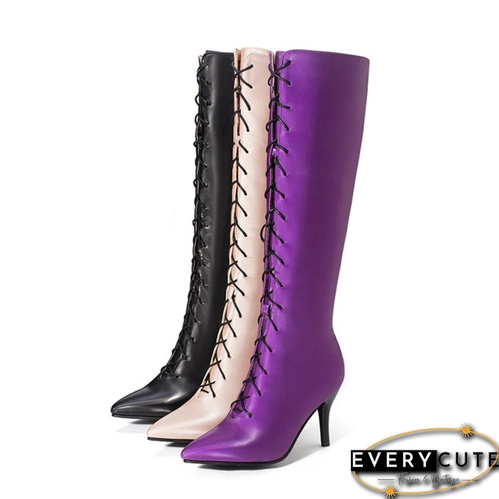 New Women's Sexy Pointed Toe Front Lace-Up High Heel Stiletto Stretch Over The Knee High Boot