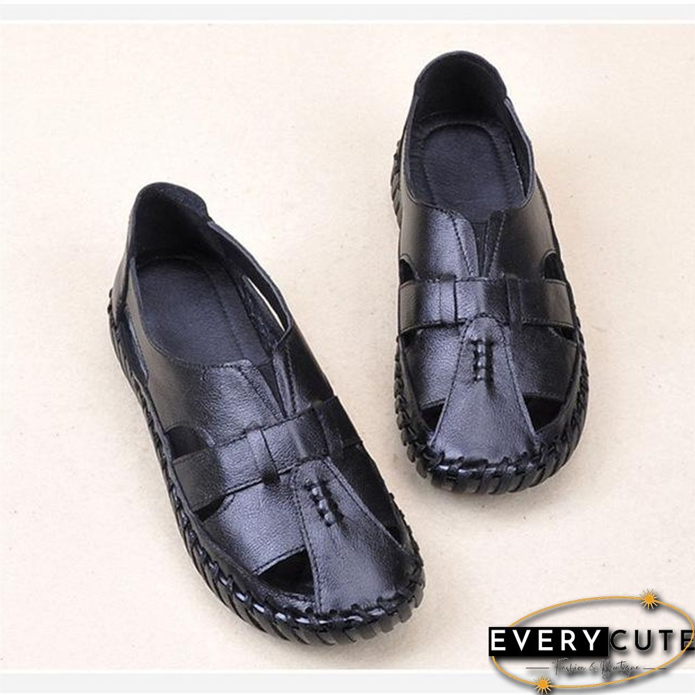 Women Genuine Leather Handmade Sandals Retro Style Mother Flats Shoes