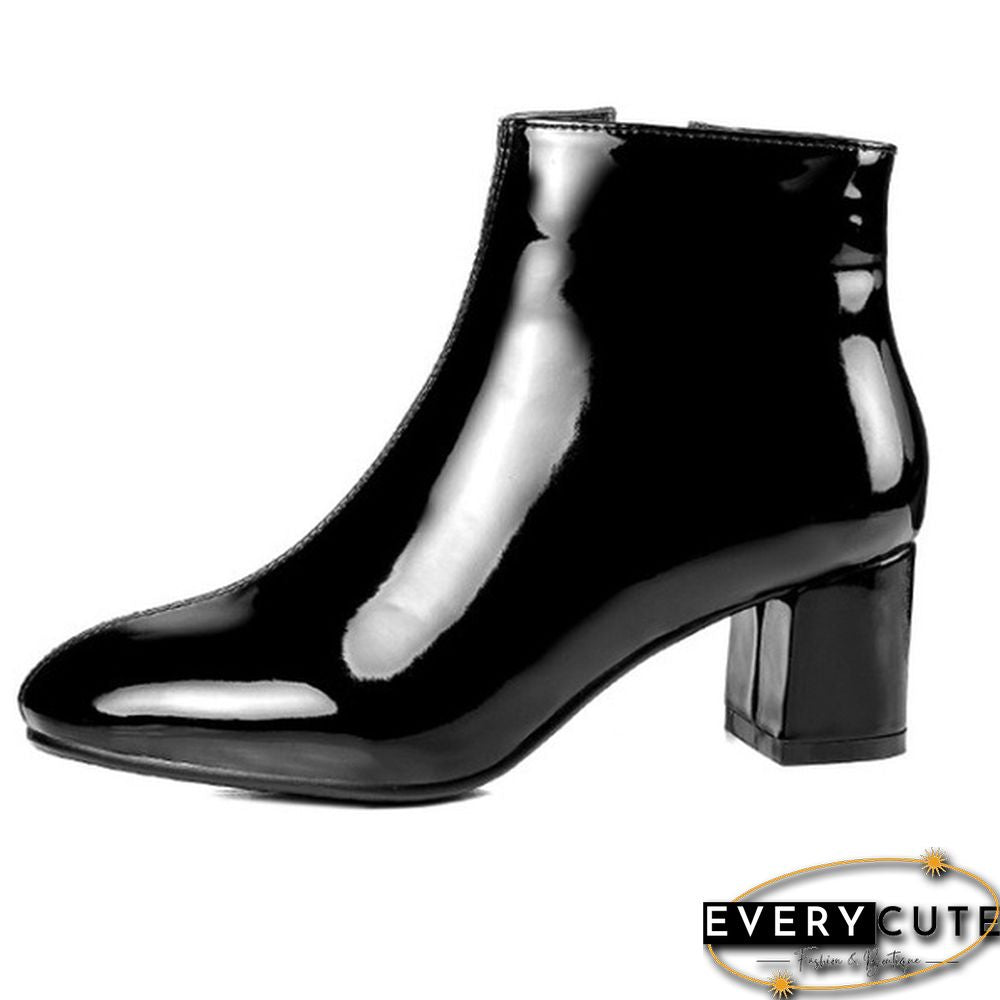 Women Patent Leather Booties Chunky Short Boots Mid Heel Ankle Boot Black Boots Fashion