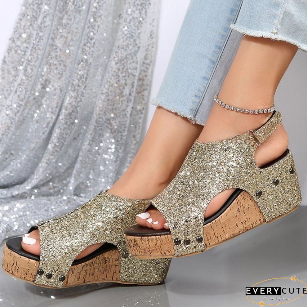 Black Casual Hollowed Out Sequins Patchwork Fish Mouth Out Door Wedges Shoes