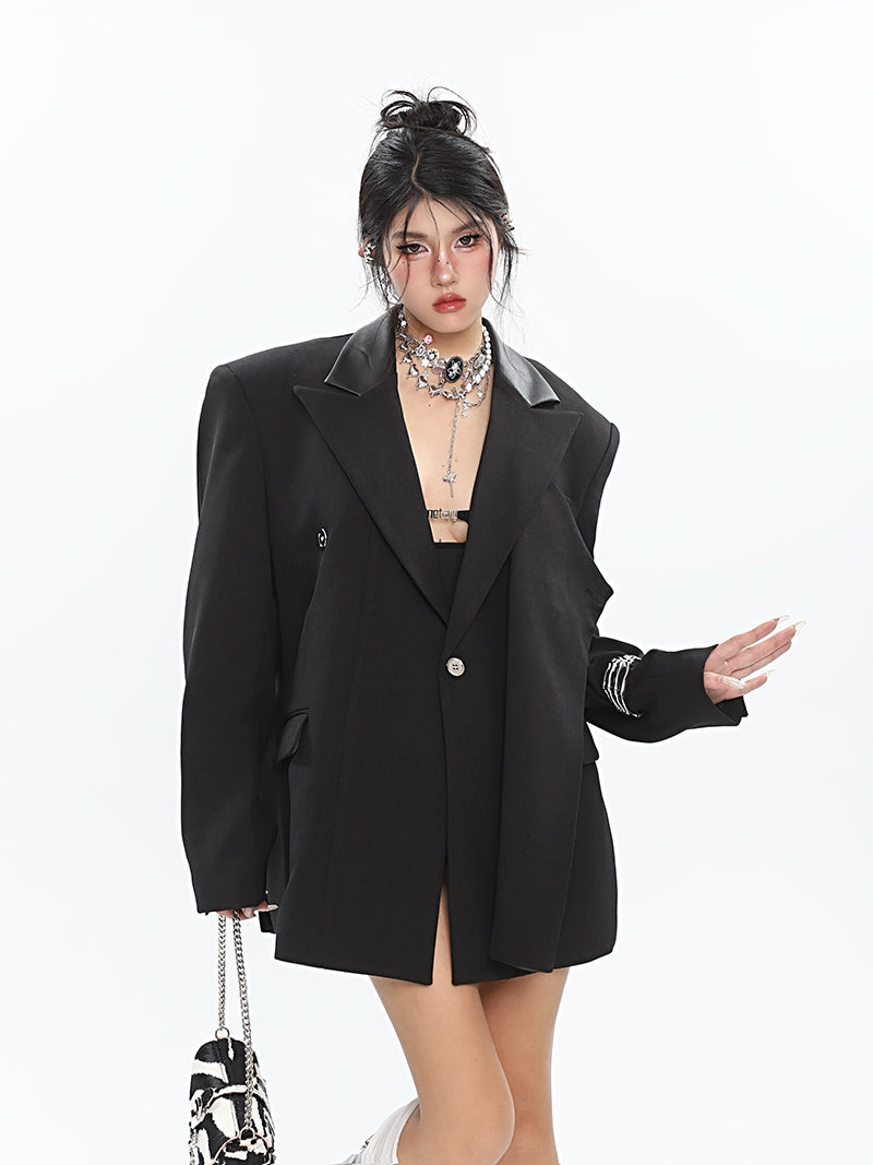 Alice Solid Color Black Patchwork Paneled Pu Leather Loose Long Sleeve Blazer Jacket