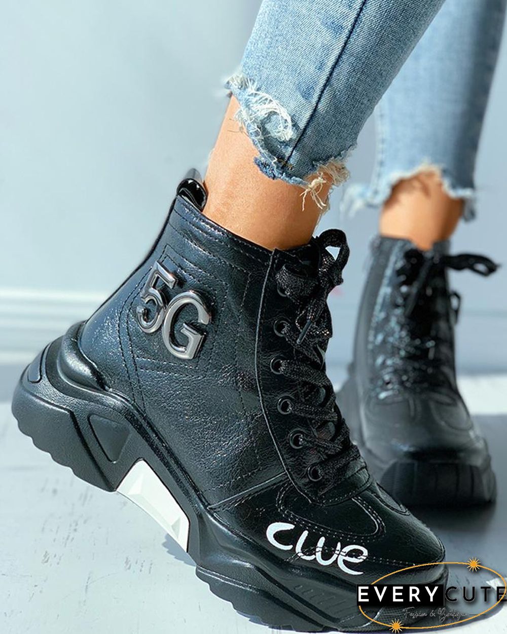 Eyelet Lace-up Letter Pattern Chunky Shoes