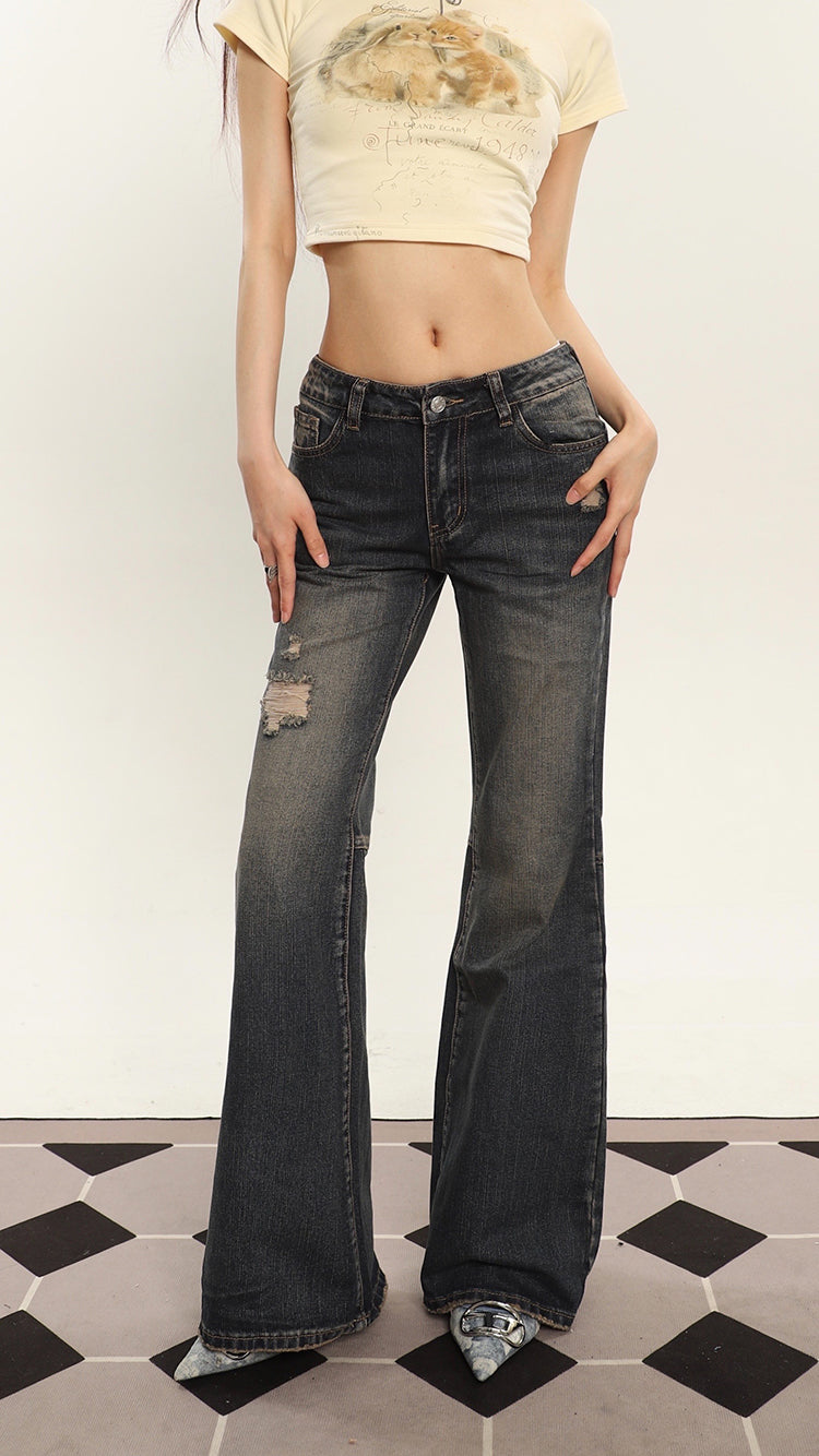 Deena Denim Blue Washed Low Waist Micro Flare Jeans Pants