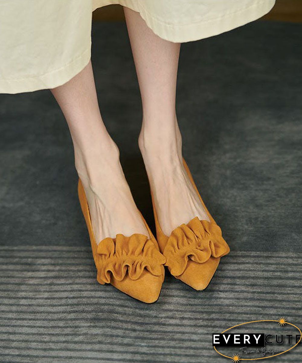 Yellow Ruffled Splicing Pointed Toe Sheepskin Flat Feet Shoes French