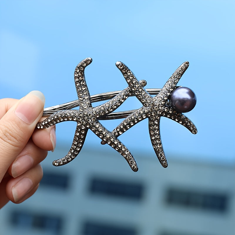 1pc Starfish Hair Clip, Rhinestones Faux Pearl Headwear, Suitable For Girls Daily Use