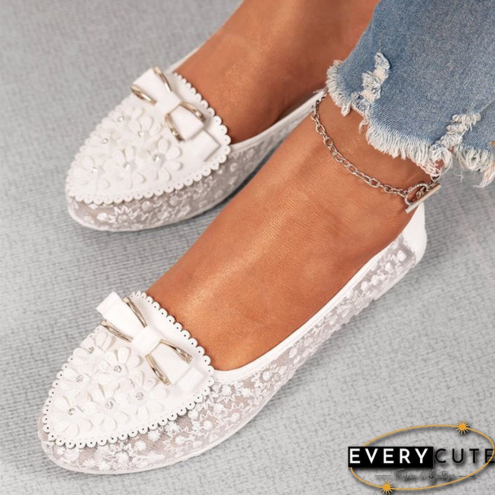 Women's Elegant Applique Bowknot Decor Lace Split Joint Flat Shoes