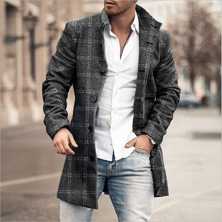 Men's Fashion Stand Collar Slip Pocket Casual Wool Mid-Length Coat